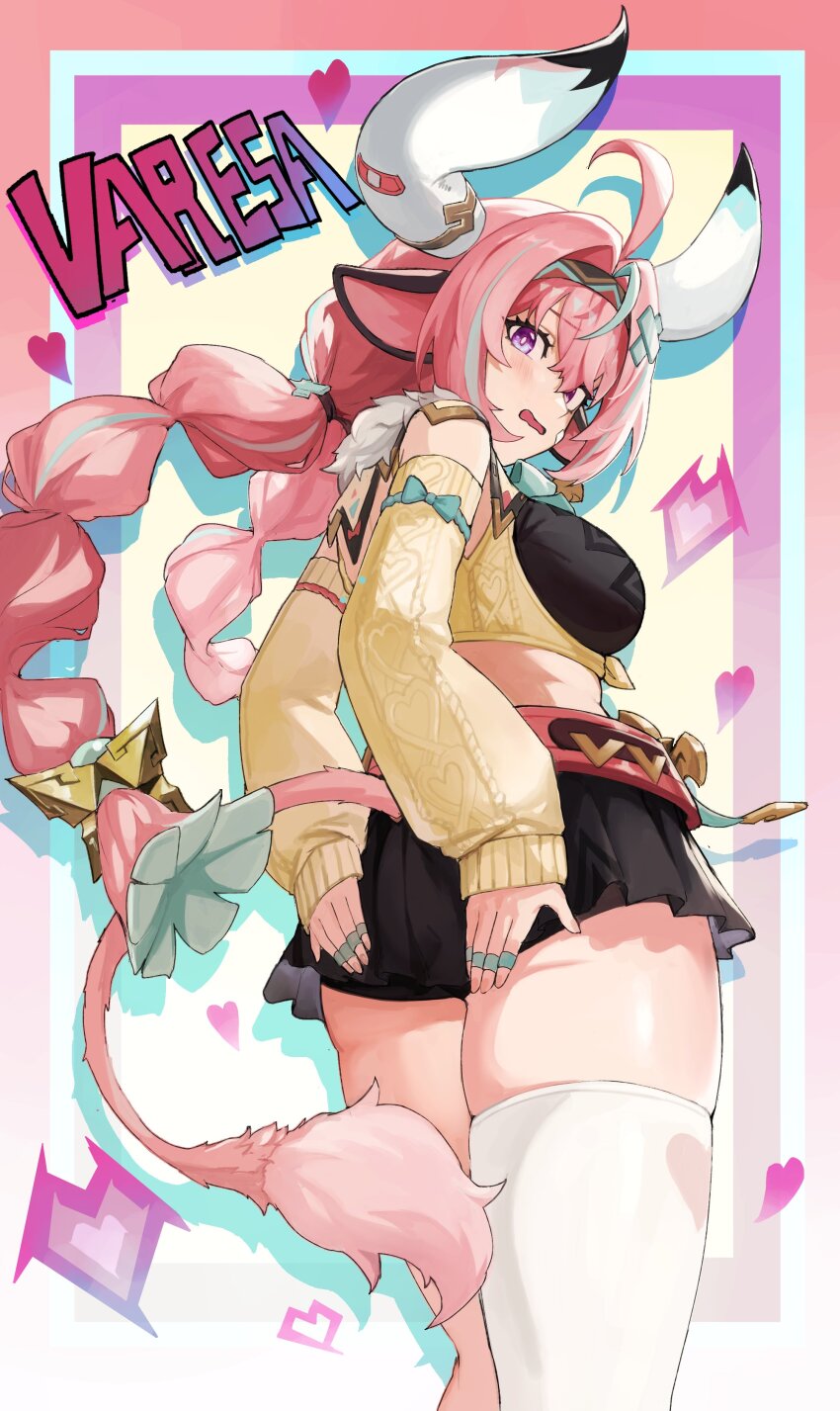 1girl absurdres ahoge animal_ears ass blush braid breasts character_name covering_ass covering_privates cow_ears cow_horns cow_tail from_behind genshin_impact hairband heart highres horns large_breasts long_hair midriff pink_hair purple_eyes single_thighhigh suru_(seiya) tail thick_thighs thighhighs thighs twin_braids varesa_(genshin_impact) wavy_mouth