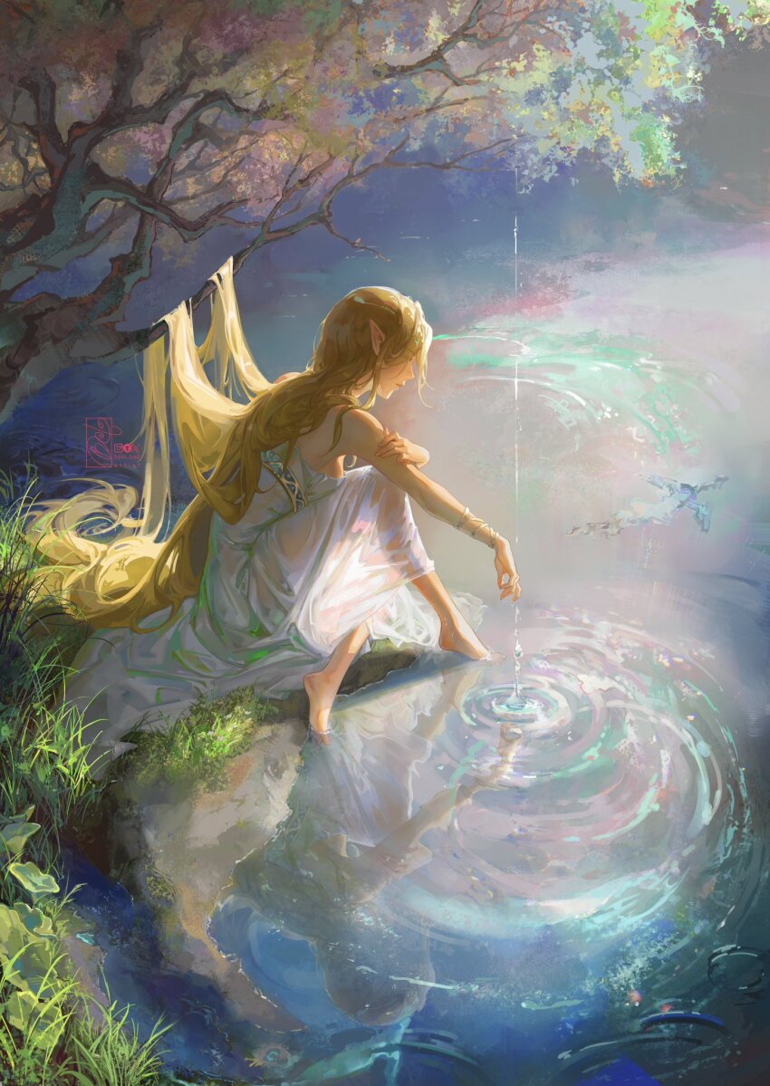 1girl balo_badartist barefoot blonde_hair breasts closed_mouth commentary day dress elf english_commentary from_side hand_on_own_arm highres instagram_logo instagram_username lips long_hair medium_breasts nintendo outdoors pointy_ears princess_zelda reflection ripples see-through_clothes signature sitting solo the_legend_of_zelda the_legend_of_zelda:_breath_of_the_wild tree tumblr_logo tumblr_username twitter_username twitter_x_logo very_long_hair water wet wet_clothes wet_dress white_dress