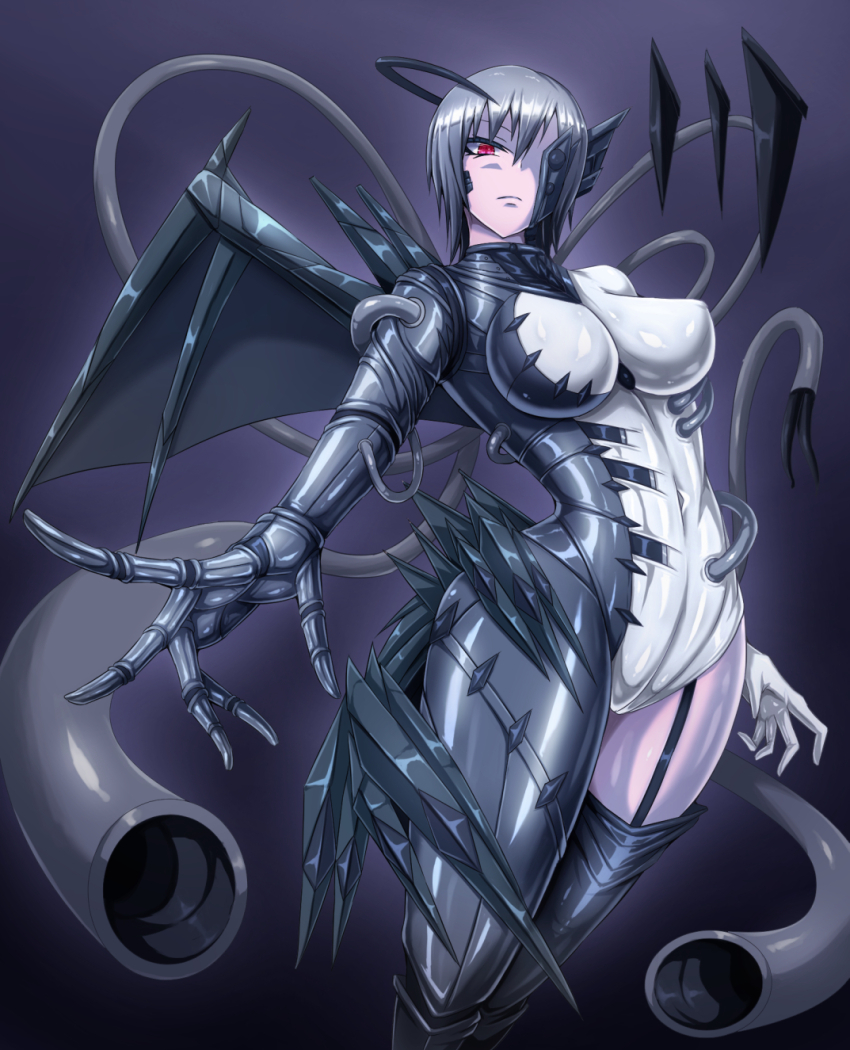 1girl asymmetrical_bodysuit asymmetrical_clothes back_hair bodysuit boots breasts commentary_request corruption dark_persona garter_straps gradient_hair grey_hair half_mask hei_kai highres large_breasts looking_at_viewer mask monsterification multicolored_hair original red_eyes shiny_clothes shiny_skin short_hair single_thigh_boot single_wing solo thigh_boots tube very_short_hair wings
