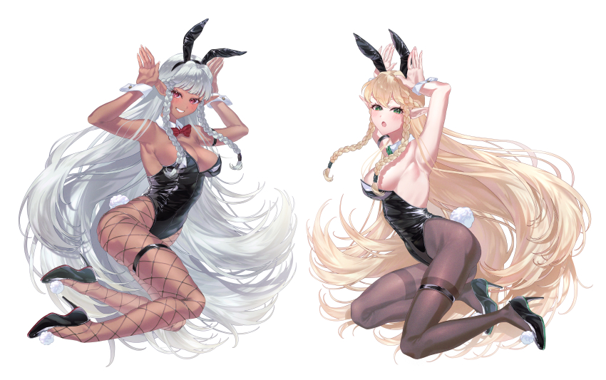 2girls absurdres aqua_hair armpits black_leotard black_pantyhose blonde_hair blush braid breasts cleavage cloak dark-skinned_female dark_elf dark_skin elf eltolinde_(unicorn_overlord) fishnet_pantyhose fishnets green_eyes high_heels highres large_breasts leotard long_hair looking_at_viewer multiple_girls pantyhose playboy_bunny pointy_ears red_eyes rosalinde_(unicorn_overlord) siblings simple_background sisters smile strapless tuki42ii twin_braids twins unicorn_overlord very_long_hair white_background