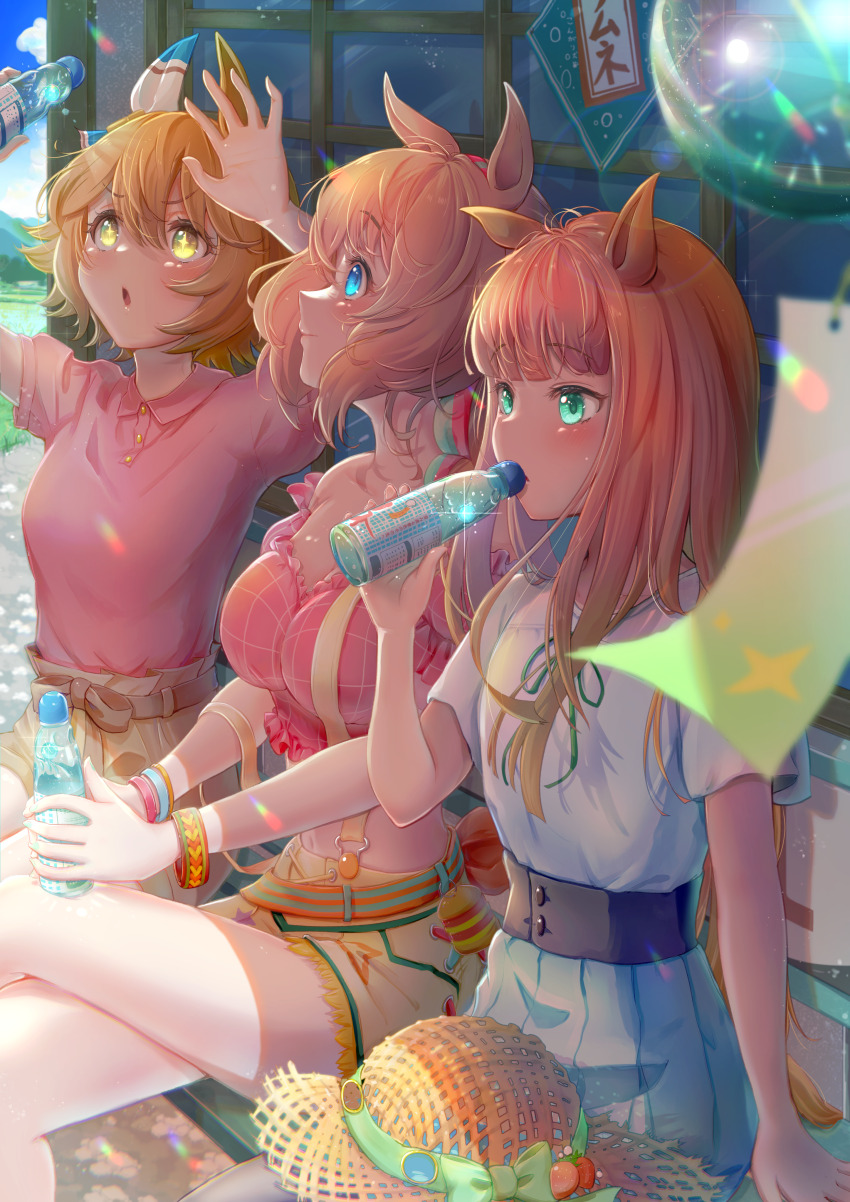+_+ 3girls absurdres animal_ears arms_up breasts casual cleavage collared_shirt commentary_request crossed_legs drinking green_skirt hat highres horse_ears horse_girl horse_tail kongariinu large_breasts long_hair matikanefukukitaru_(umamusume) multiple_girls neck_ribbon official_alternate_costume open_mouth orange_hair outdoors pink_shirt ramune ribbon shirt shirt_tucked_in short_hair shorts silence_suzuka_(umamusume) sitting skirt small_breasts straw_hat suspender_shorts suspenders taiki_shuttle_(bubblegum_memories)_(umamusume) taiki_shuttle_(umamusume) tail umamusume veranda white_shirt wind_chime yellow_eyes