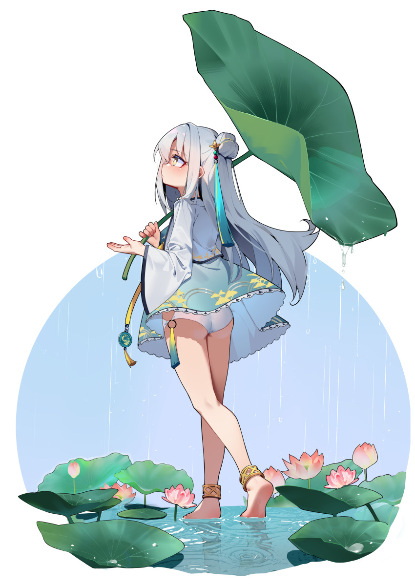 1girl absurdres ai_si_te_yisheng_tui anklet ass barefoot blue_kimono feet flower from_behind hair_bun highres japanese_clothes jewelry kimono leaf_umbrella long_hair original outdoors panties rain short_kimono soles solo thighs underwear walking water white_hair white_panties