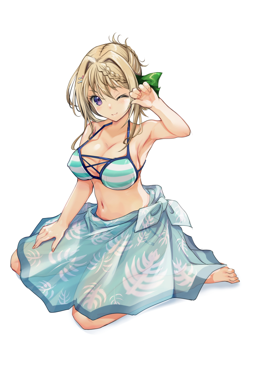 1girl absurdres bikini blonde_hair blue_sarong braid braided_bangs breasts cleavage full_body hair_intakes highres kantai_collection large_breasts leaf_print looking_at_viewer one_eye_closed perth_(kancolle) perth_(swimsuit)_(kancolle) purple_eyes sarong short_hair simple_background solo striped_bikini striped_clothes swimsuit water white_background yashin_(yasinz)
