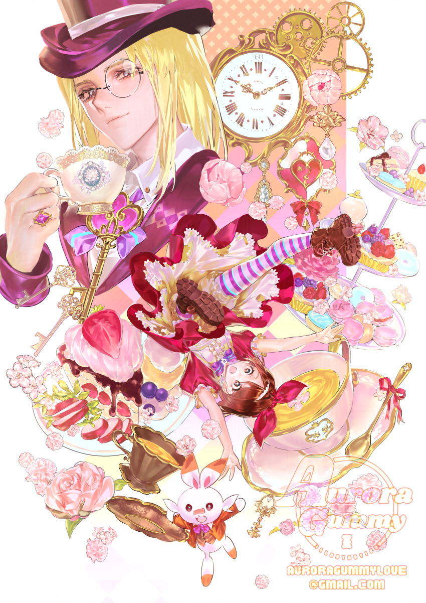 1boy 1girl absurdres alice&#039;s_adventures_in_wonderland arms_up artist_name auroragummy avery_(pokemon) blonde_hair boots bow bow_hairband bowtie brown_boots brown_eyes brown_hair closed_mouth collared_shirt commentary_request cup cupcake dress email_address eyelashes flower food gen_8_pokemon gloria_(pokemon) hairband highres holding holding_cup key korean_commentary long_hair monocle nintendo open_mouth pantyhose pink_flower pokemon pokemon_(creature) pokemon_swsh purple_bow purple_bowtie saucer scorbunny shirt short_hair short_sleeves smile striped_clothes striped_pantyhose teacup tiered_tray watermark