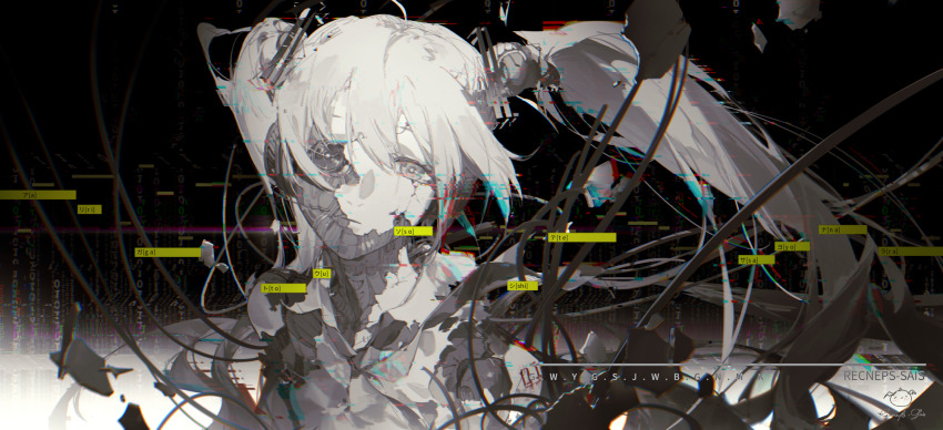 1girl android artist_name closed_mouth colored_skin commentary_request eyebrows_hidden_by_hair floating_hair glitch grey_eyes hair_between_eyes hatsune_miku hatsune_miku_no_shoushitsu_(vocaloid) highres long_hair looking_at_viewer mechabare signature solo spencer_sais twintails upper_body vocaloid white_hair white_skin