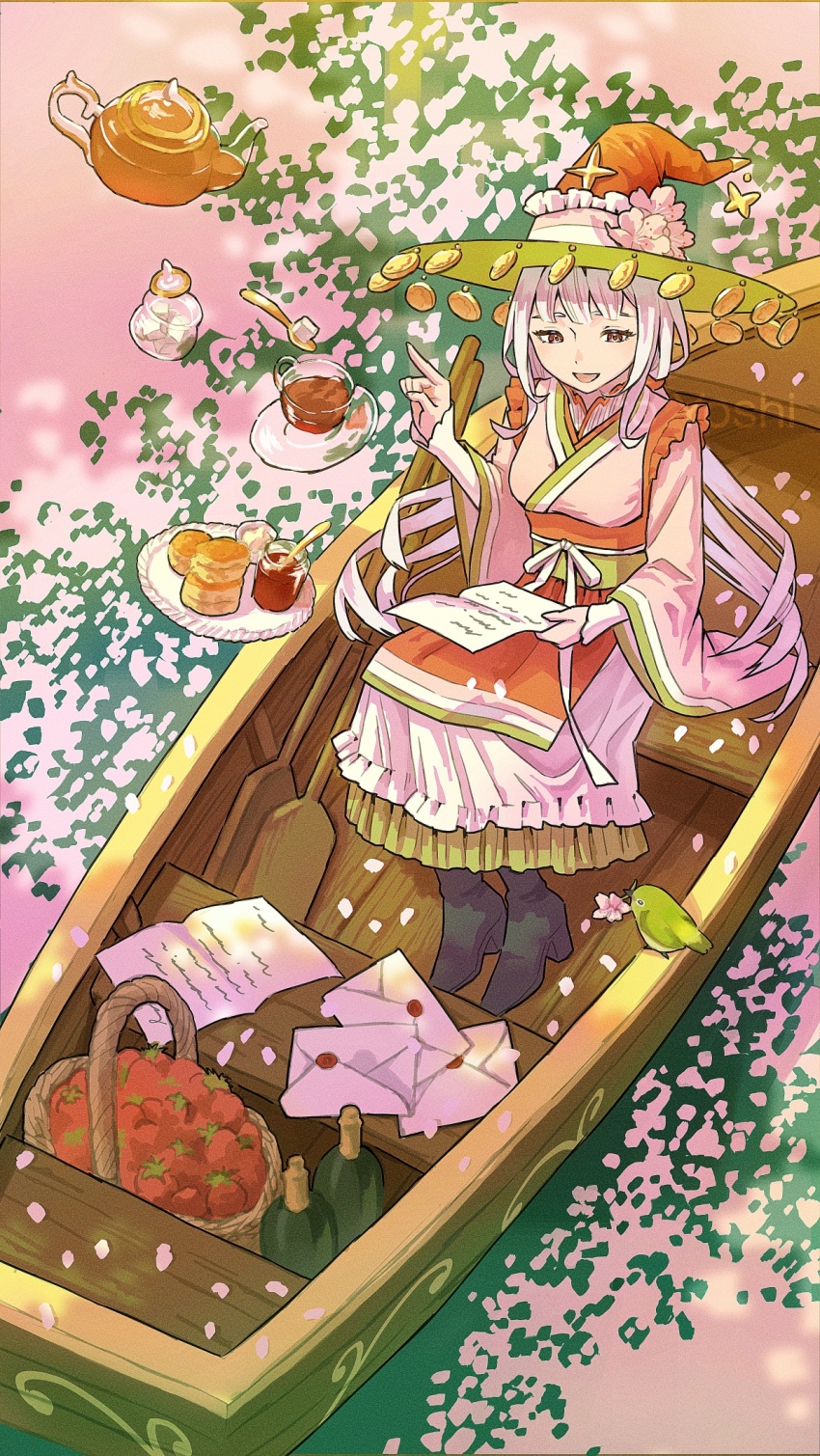 1girl apron artist_name basket bird boat bottle bow brown_eyes cherry_blossoms commentary_request cup dress floating flower food fruit green_bird hat highres holding holding_letter holding_paper ito_yoshi japanese_clothes kimono letter long_hair long_sleeves magic oar open_mouth original paper petals pink_hair plate reading rowboat sitting smile solo strawberry tea teapot waist_apron water watercraft wide_sleeves wine_bottle witch witch_hat