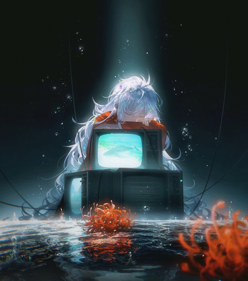 1girl bubble child coral crt haine_(summertime_render) highres japanese_clothes kimono long_hair ocean orange_kimono sleeping solo summertime_render television tidsean water water_drop whale white_hair