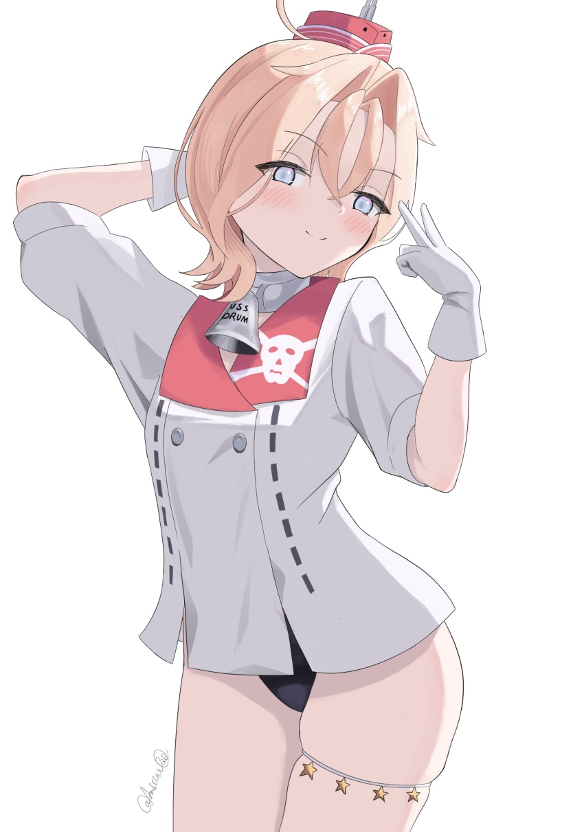1girl absurdres alternate_hair_length alternate_hairstyle bell black_one-piece_swimsuit coat collar drum_(kancolle) garrison_cap gloves grey_eyes hat highres kantai_collection l_meet metal_collar neck_bell one-piece_swimsuit red_hat short_hair skull_print smile solo swimsuit swimsuit_under_clothes white_coat white_gloves