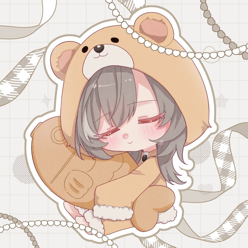 1girl adapted_costume animal_hood artist_name assault_lily barefoot bear_hood blush brown_pajamas brown_pants chibi closed_eyes closed_mouth commentary full_body fur-trimmed_pajamas fur-trimmed_pants fur-trimmed_sleeves fur_trim grey_background grey_hair grid_background hand_up highres holding holding_stuffed_toy hood hood_up hooded_pajamas hugging_doll hugging_object long_hair long_sleeves multicolored_hair natsuyu_shiyu pajamas pants sasaki_ran signature sitting sleeves_past_fingers sleeves_past_wrists smile solo sparkle star_(symbol) streaked_hair stuffed_animal stuffed_fish stuffed_toy symbol-only_commentary white_background