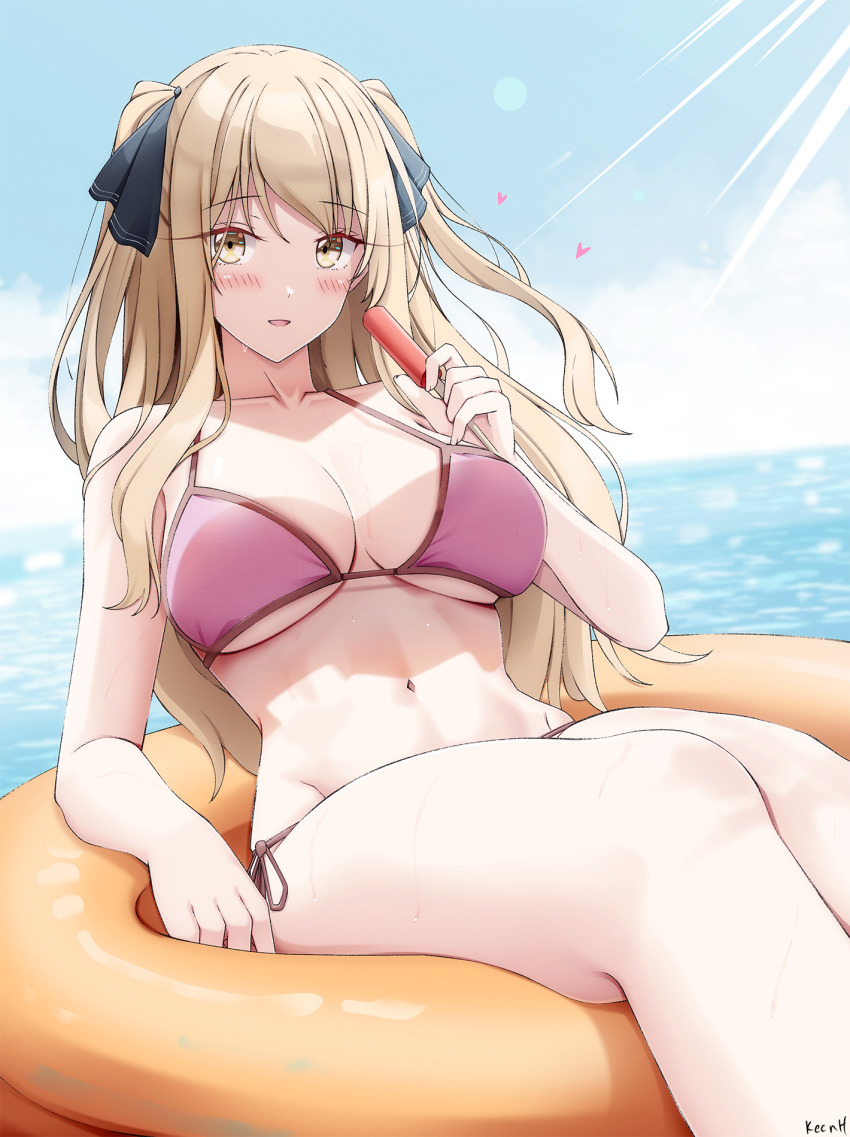 1girl ao_no_kanata_no_four_rhythm artist_name bare_arms bare_shoulders bikini black_ribbon blonde_hair blush breasts cleavage collarbone food hair_ribbon heart highres innertube keenh large_breasts long_hair looking_at_viewer navel ocean outdoors parted_lips pink_bikini popsicle ribbon satouin_reiko side-tie_bikini_bottom sitting smile solo sunlight swim_ring swimsuit thighs underboob water