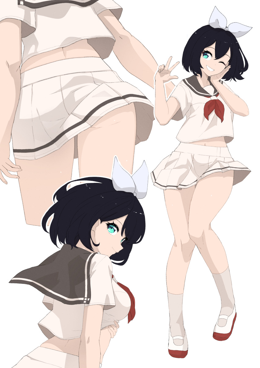 1girl absurdres aqua_eyes ass_peek black_hair black_sailor_collar bow breasts character_request check_character clothes_lift cowboy_shot cropped_legs fav_faris from_behind full_body hair_bow hand_on_own_cheek hand_on_own_face head_out_of_frame highres kneehighs lifting_own_clothes looking_back looking_to_the_side medium_breasts midriff_peek miniskirt multiple_views navel neckerchief one_eye_closed original pleated_skirt red_neckerchief red_shoes sailor_collar school_uniform serafuku shirt shirt_lift shoes skirt smile socks v white_background white_serafuku white_shirt white_shoes white_skirt