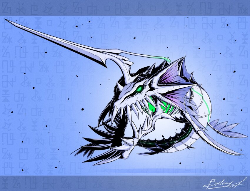 animal_skeleton barlume_(barlzar) digimoji digimon digimon_(creature) digimon_story:_time_stranger full_body green_eyes highres horns metalseadramon no_humans sea_serpent signature single_horn solo