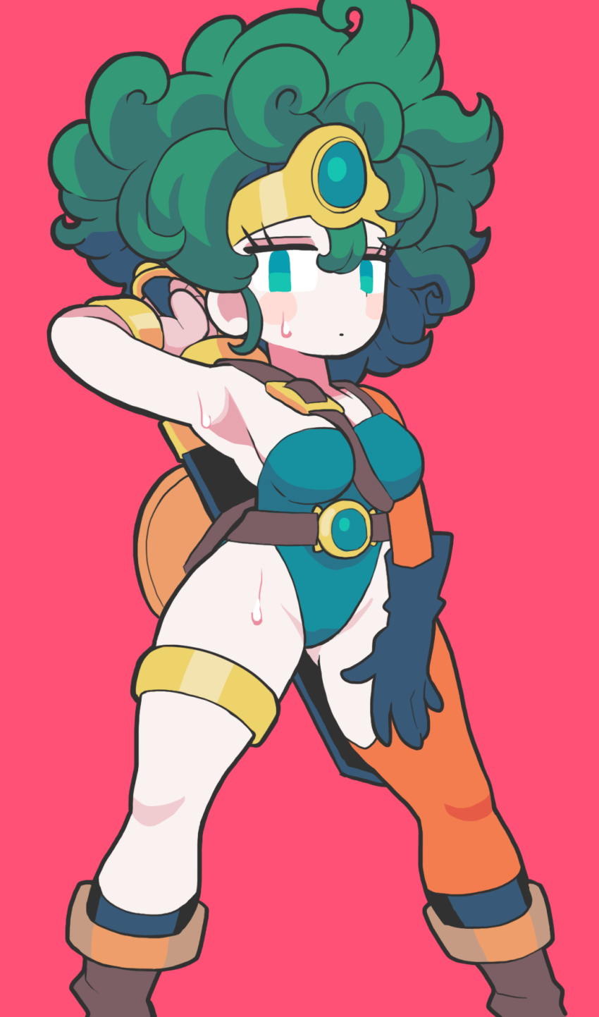 1girl aqua_eyes arm_up armpits asymmetrical_legwear belt blush boots brown_boots commentary curly_hair dragon_quest dragon_quest_iv feet_out_of_frame gashi-gashi green_hair green_leotard heroine_(dq4) highres holding holding_behind_back holding_sword holding_sword_behind_back holding_weapon holding_weapon_behind_back leotard looking_at_viewer no_nose orange_thighhighs pink_background simple_background solo standing sword symbol-only_commentary thighhighs uneven_legwear weapon
