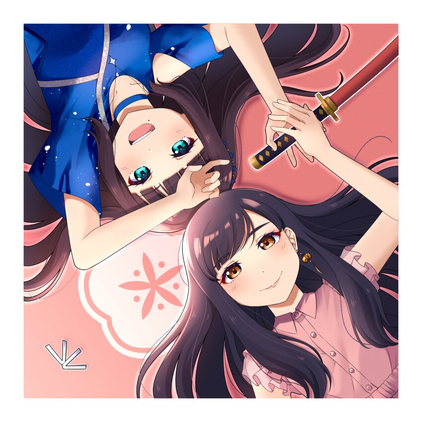 2girls :d absurdres animification aqua_eyes black_hair blue_choker blunt_bangs blush border brown_eyes character_logo choker closed_mouth clothing_cutout collarbone commentary earrings eikyuu_hours english_commentary hair_ornament hair_spread_out highres holding holding_sword holding_weapon jewelry katana komiya_arisa kurosawa_dia long_hair looking_at_viewer love_live! love_live!_sunshine!! mole mole_under_mouth multiple_girls official_alternate_costume open_mouth real_life red_background shoulder_cutout sidelocks single_bare_shoulder single_earring ska.harumi smile sword symmetry teeth unworn_hair_ornament upper_teeth_only voice_actor weapon white_border