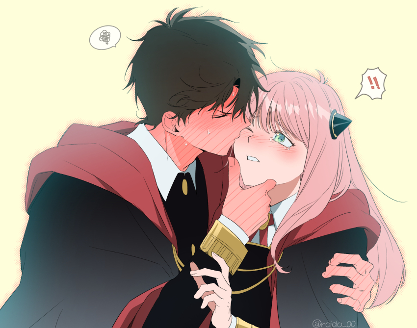 ! !! 1boy 1girl aged_up ahoge anya_(spy_x_family) arm_around_shoulder black_cape black_hair black_jacket blush buttons cape closed_eyes couple damian_desmond eden_academy_school_uniform full-body_blush gold_buttons gold_trim green_eyes hairpods hand_on_another&#039;s_chin highres holding jacket kiss long_hair long_sleeves neck_ribbon one_eye_closed open_mouth pink_hair red_ribbon ribbon roido_0 school_uniform shirt short_hair spy_x_family