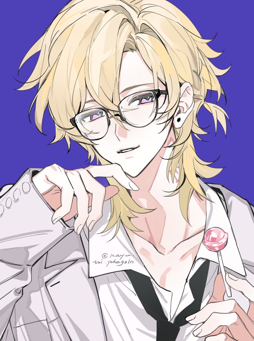 1boy artist_name aventurine_(honkai:_star_rail) black-framed_eyewear black_necktie blonde_hair candy collarbone collared_shirt crossed_bangs earrings food glasses grey_jacket hair_between_eyes hands_up hashtag-only_commentary highres holding holding_candy holding_food holding_lollipop honkai:_star_rail honkai_(series) jacket jewelry kayu_(yukagoin) lapels lollipop long_sleeves looking_at_viewer male_focus neck_tattoo necktie open_clothes open_jacket parted_bangs parted_lips purple_background purple_eyes shirt short_hair simple_background sleeves_past_wrists smile solo stud_earrings tattoo twitter_username upper_body white_shirt