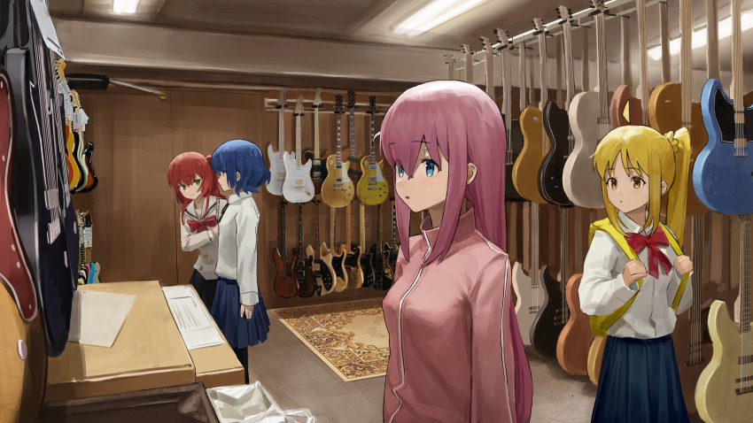 4girls absurdres an_yb blonde_hair blue_eyes bocchi_the_rock! ceiling_light collared_shirt display gotoh_hitori guitar highres ijichi_nijika indoors instrument kita_ikuyo long_hair multiple_girls pink_hair ponytail school_uniform shirt shop table white_shirt yamada_ryo yellow_eyes
