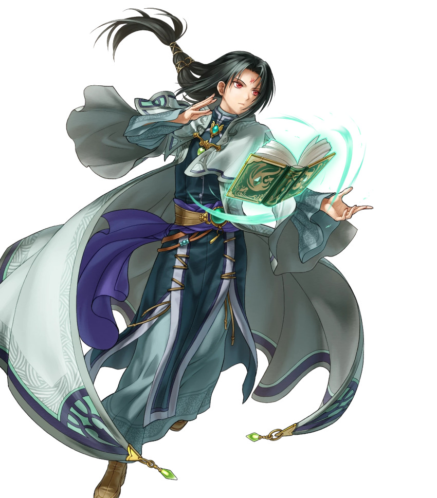 1boy black_hair book boots brooch brown_boots capelet coat facial_mark fire_emblem fire_emblem:_radiant_dawn fire_emblem_heroes floating floating_book floating_object forehead_mark full_body gem glowing_book green_gemstone highres jewelry kita_senri long_hair male_focus nintendo non-web_source official_art open_book red_eyes sash solo soren_(fire_emblem) soren_(radiant_confidant)_(fire_emblem) transparent_background waist_sash