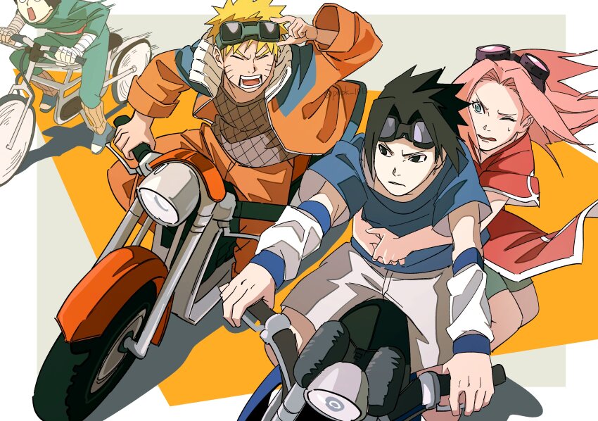 1girl 3boys absurdres bandaged_arm bandages bicycle black_eyes black_hair blonde_hair blue_shirt border closed_eyes detached_sleeves dress facial_mark fishnet_top fishnets goggles goggles_on_head green_eyes green_jumpsuit grey_background haruno_sakura highres jacket jumpsuit leg_warmers long_hair motor_vehicle motorcycle multicolored_background multiple_boys multiple_riders naruto naruto_(series) on_motorcycle one_eye_closed open_clothes open_jacket open_mouth orange_background orange_jacket orange_leg_warmers orange_pants orange_track_suit pants pink_hair pnpk_1013 red_dress riding riding_bicycle rock_lee shirt shorts simple_background spiked_hair sweatdrop track_suit uchiha_sasuke uzumaki_naruto whisker_markings white_border white_shorts