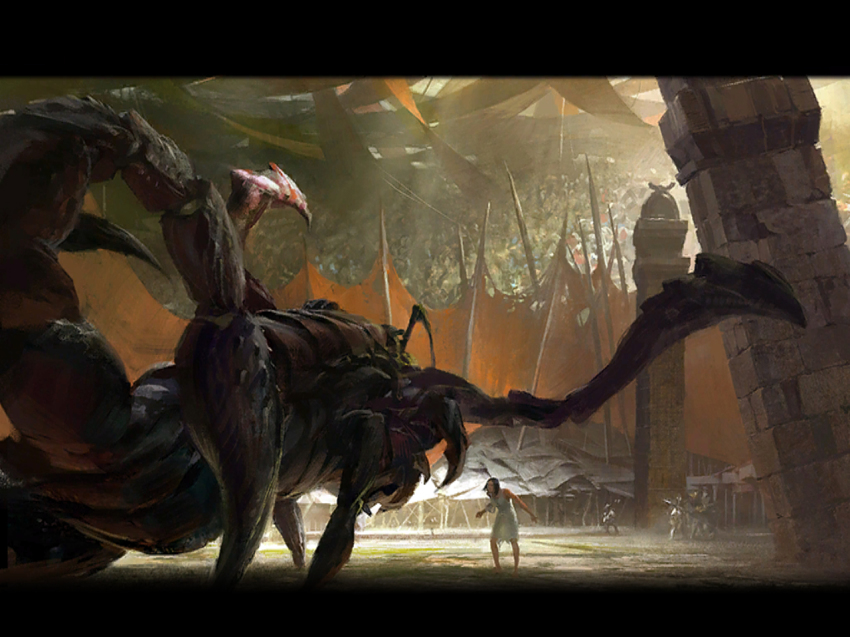1girl arena battle building claws column concept_art guild_wars_(series) guild_wars_1 gwen_(guild_wars) letterboxed monster non-web_source pillar scorpion size_difference spikes tent tower
