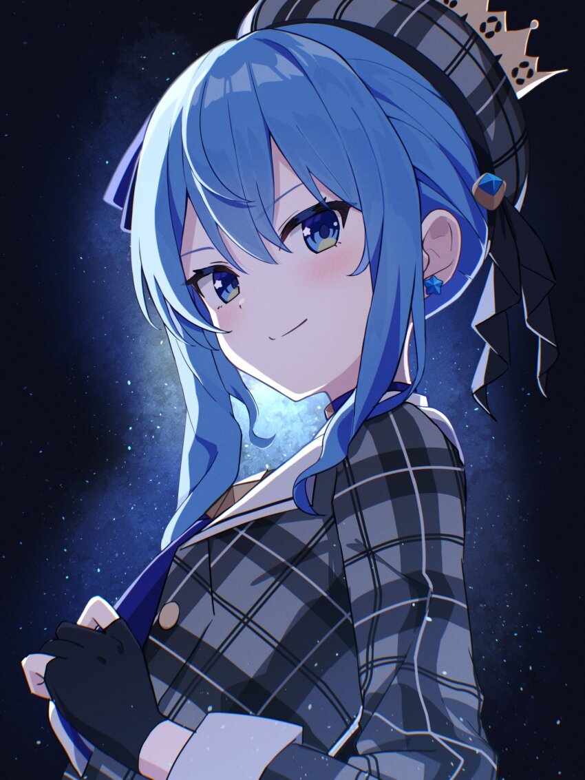 1girl black_gloves blue_eyes blue_hair blush closed_mouth gloves grey_hat grey_jacket hair_between_eyes hat highres hololive hoshimachi_suisei hoshimachi_suisei_(1st_costume) jacket kaie long_hair long_sleeves looking_at_viewer partially_fingerless_gloves plaid_clothes plaid_hat plaid_jacket smile solo space star_(symbol) star_in_eye symbol_in_eye upper_body virtual_youtuber