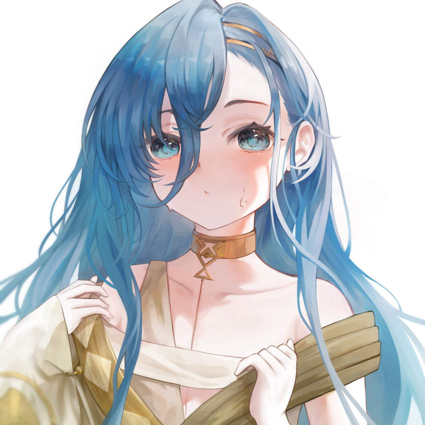 1girl 37_(reverse:1999) ancient_greek_clothes bare_shoulders blue_eyes blue_hair closed_mouth collarbone dot_mouth gold_choker greco-roman_clothes hair_between_eyes hands_up highres kibtomato long_hair looking_at_viewer reverse:1999 solo sweat toga upper_body very_long_hair white_background