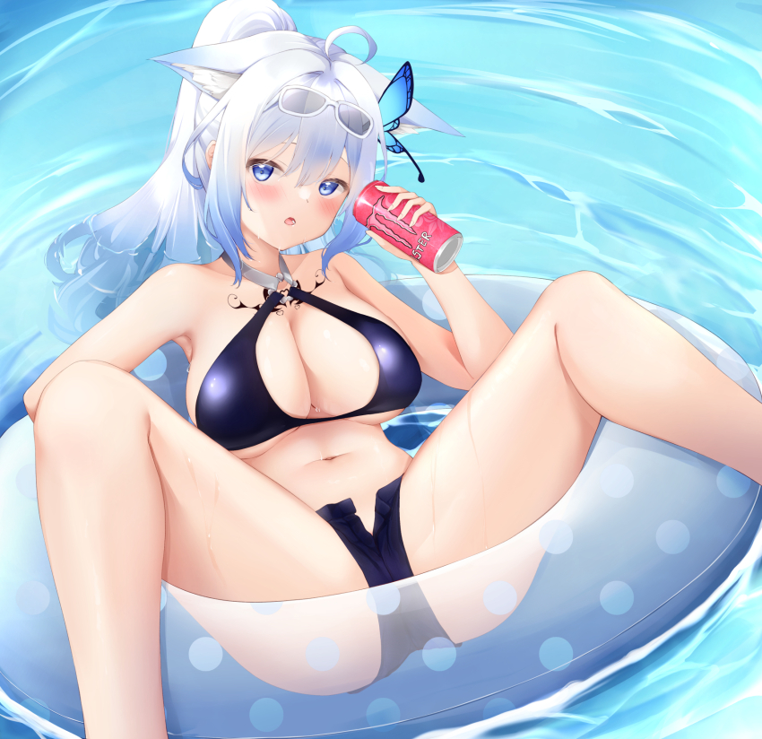 1girl ahoge animal_ears armpits ass bare_arms bare_legs bare_shoulders benedia bikini black_bikini black_shorts blue_eyes breasts butterfly_hair_ornament chest_tattoo cleavage commission criss-cross_halter extra_ears eyewear_on_head feet_out_of_frame fox_ears gradient_hair hair_ornament halterneck highres holding innertube large_breasts legs_up long_hair looking_at_viewer micro_shorts monster_energy multicolored_hair navel o-ring o-ring_bikini o-ring_top open_fly open_mouth original ponytail ripples shorts solo stomach sunglasses swim_ring swimsuit tattoo thighs water wet white-framed_eyewear white_hair