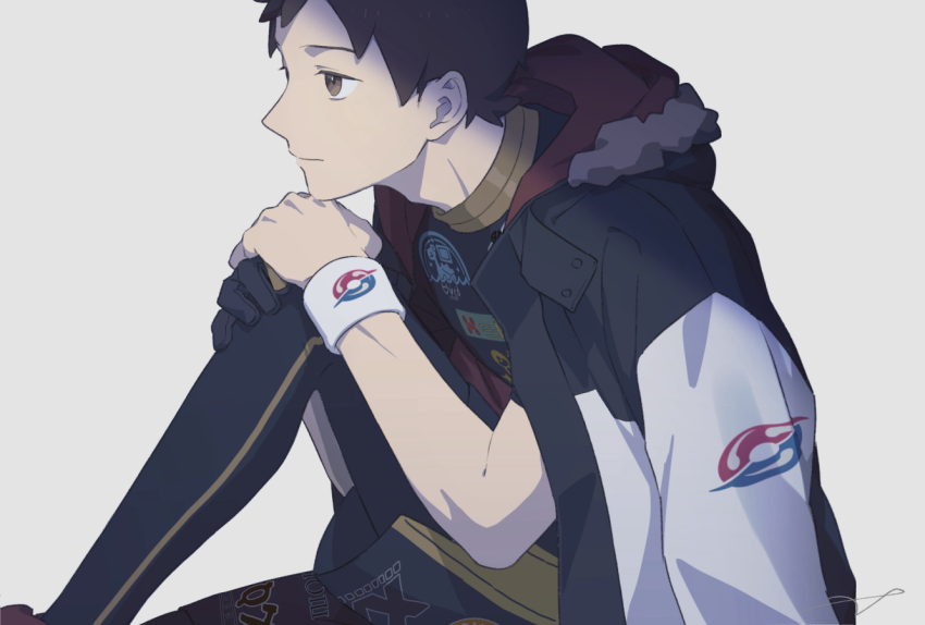 1boy alternate_costume black_gloves black_leggings black_shirt black_shorts brown_eyes brown_hair closed_mouth commentary_request creatures_(company) from_side game_freak gloves hood hood_down hooded_jacket jacket leggings male_focus nintendo open_clothes open_jacket own_hands_together pokemon pokemon_swsh sankaku shirt short_hair shorts single_glove sitting solo victor_(pokemon) white_background