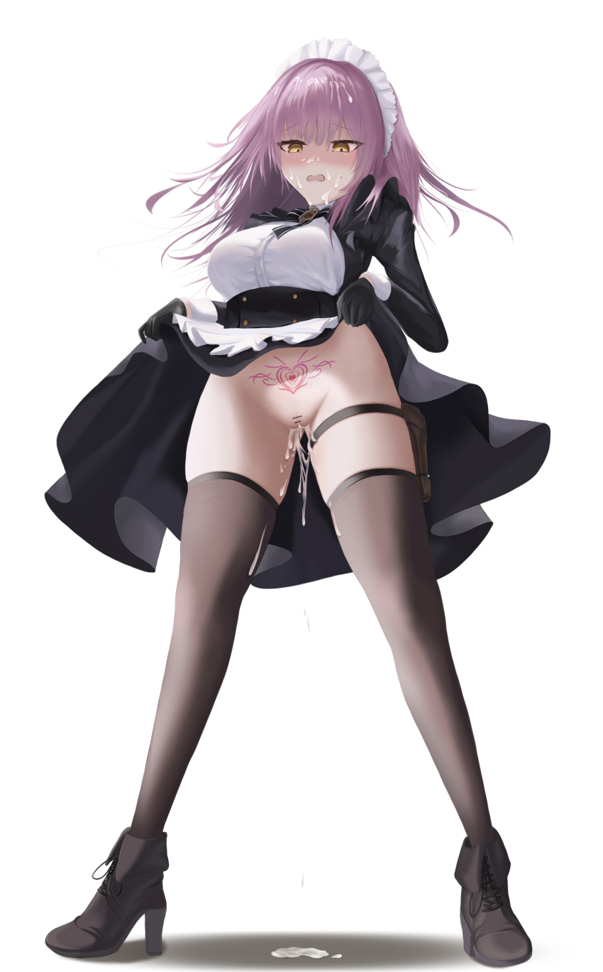 1girl absurdres apron azur_lane bar_censor black_gloves black_thighhighs blush breasts brown_footwear censored cheems clothes_lift cum cum_in_pussy cum_on_body cumdrip devonshire_(azur_lane) dress dress_lift facial full_body gloves hands_up high_heels highres holster long_sleeves looking_at_viewer maid maid_headdress medium_breasts medium_hair pubic_tattoo purple_hair pussy_juice simple_background skindentation solo standing tattoo taut_clothes thigh_holster thighhighs wavy_mouth white_apron white_background yellow_eyes