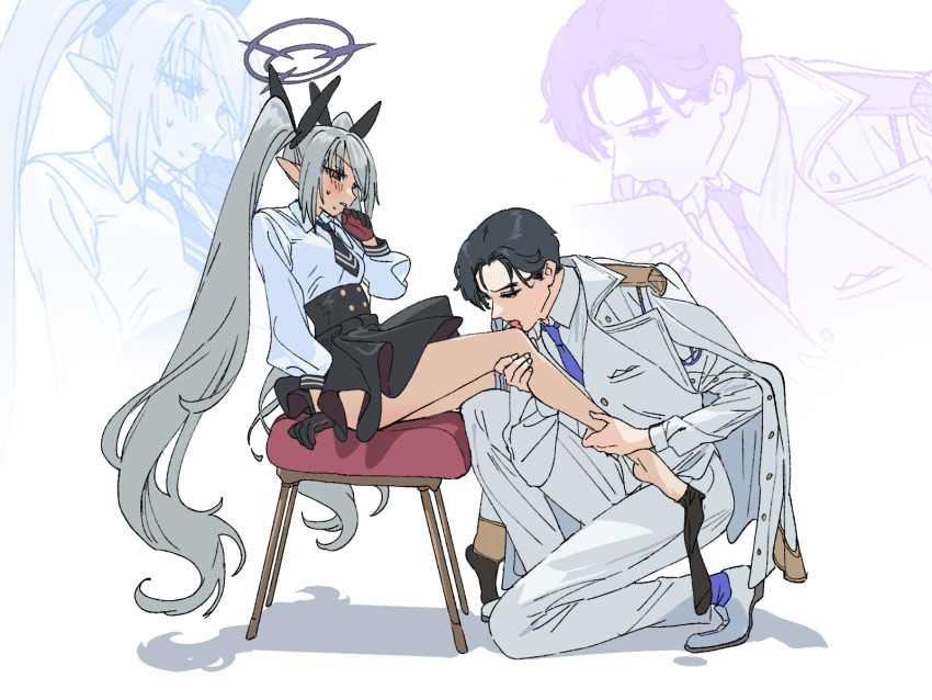 1boy 1girl bad_id bad_pixiv_id black_gloves black_hair black_necktie black_socks blue_archive collared_shirt dorontabi from_side gloves grey_hair halo hand_to_own_mouth hetero high-waist_skirt highres iori_(blue_archive) jacket jacket_on_shoulders kneeling licking_leg long_hair military_jacket necktie pointy_ears purple_halo purple_necktie red_eyes sensei_(blue_archive) shirt shirt_tucked_in short_hair sitting skirt sock_dangle socks stool tongue tongue_out twintails very_long_hair white_background white_shirt zoom_layer
