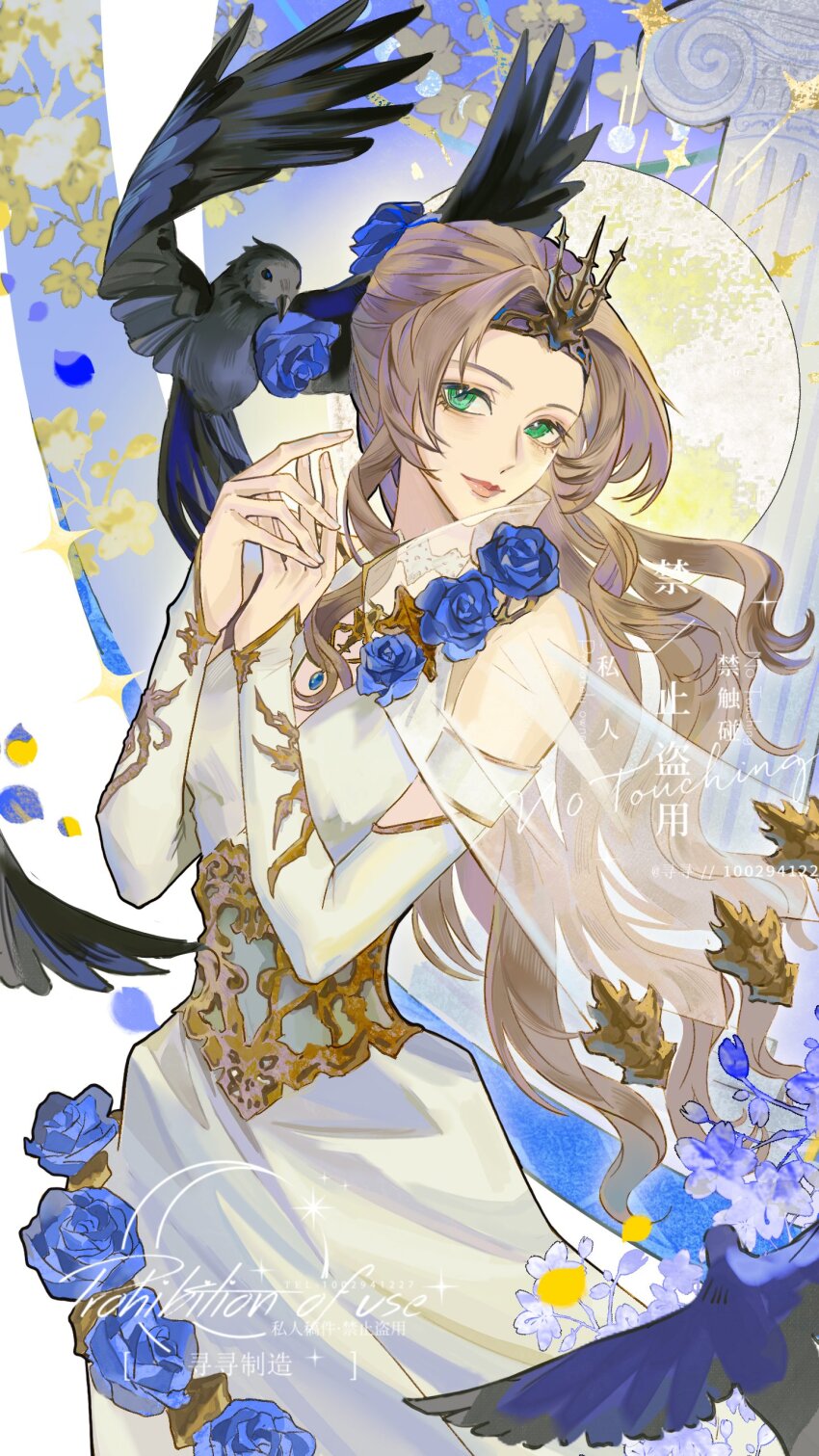 1girl absurdres aerith_gainsborough aerith_gainsborough_(prism_dress) bird black_bird blue_flower blue_gemstone blue_petals blue_rose breasts brown_hair choker column cowboy_shot crow detached_sleeves dress dress_flower falling_petals final_fantasy final_fantasy_vii final_fantasy_vii_ever_crisis flower gem gold_trim green_eyes hair_flower hair_ornament highres light_smile long_dress long_hair looking_at_viewer low_ponytail medium_breasts official_alternate_costume official_alternate_hairstyle own_hands_together parted_bangs petals pillar ponytail rose see-through_clothes see-through_sleeves sidelocks tiara wavy_hair white_choker white_dress white_sleeves wxuxw27