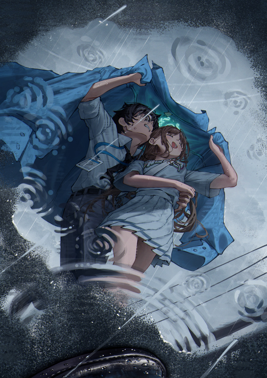 1boy 1girl :d absurdres airi_(band)_(blue_archive) airi_(blue_archive) bag black_footwear black_hair black_necktie black_pants blue_archive blue_jacket blue_pants brown_hair clenched_teeth closed_eyes collared_shirt commentary from_below green_halo halo handbag happy heart heart-shaped_pupils highres holding holding_jacket holding_unworn_clothes id_card improvised_umbrella jacket lanyard long_hair long_sideburns necktie non-web_source open_mouth outdoors pants pleated_skirt print_shirt puddle rain reflection reflective_water running sensei_(blue_archive) shared_improvised_umbrella shirt short_hair short_sleeves sideburns skirt sleeves_rolled_up smile sweat sweatdrop symbol-shaped_pupils teeth unworn_jacket very_long_hair white_shirt white_skirt