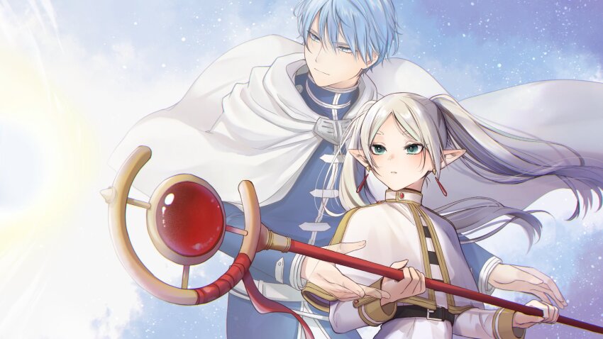 1boy 1girl aqua_eyes belt black_belt blue_eyes blue_hair cape capelet carrot_(robosquat) casting_spell earrings elf floating_hair frieren ghost grey_hair highres himmel_(sousou_no_frieren) holding holding_staff jewelry long_sleeves magic mole mole_under_eye parted_lips pointy_ears sousou_no_frieren staff transparent_hand twintails upper_body white_cape white_capelet