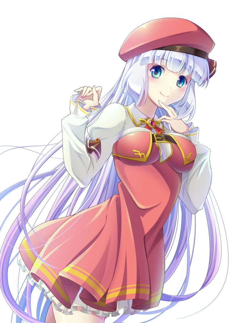 1girl beret blush breasts collared_shirt dress gradient_hair green_eyes gundam gundam_exa hat highres looking_at_viewer medium_breasts miqant multicolored_hair purple_hair red_dress red_hat shirt silver_hair smile solo sthesia_awar white_shirt