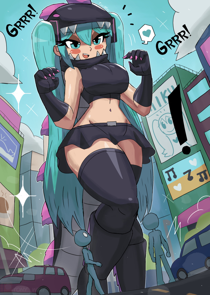 ! 1girl 2others absurdres animal_hood black_footwear black_shirt black_skirt black_thighhighs blue_eyes blue_hair blush boots breasts building car character_hood city claws cloud cosplay cross_promotion crossover dinosaur epic_games fake_tail fang fortnite giant giantess godzilla godzilla_(cosplay) godzilla_(monsterverse) godzilla_(series) godzilla_evolved godzilla_x_kong:_the_new_empire hair_ornament hatsune_miku heart highres hood kaiju king_kong_(series) large_breasts lizard_hood lizard_tail long_hair looking_at_viewer midriff monsterverse motor_vehicle multiple_crossover multiple_others musical_note navel open_mouth shirt skirt sky sleeveless sleeveless_shirt smile sparkle speech_bubble spoken_heart standing surprised tail teeth thick_thighs thighhighs thighs toho tony_welt twintails vocaloid wide_hips