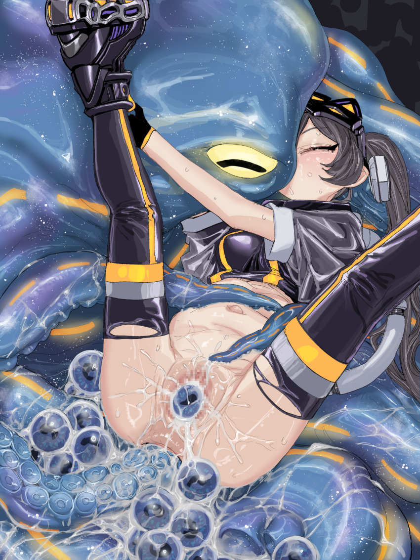 1boy 1girl after_vaginal aftersex anal anal_object_insertion anus ass belly bestiality black_hair big_belly blue_background blush breasts bukkake censored closed_eyes crop_top cum cum_in_ass cum_in_pussy cum_on_body cum_on_lower_body egg egg_laying feet feet_up gloves hair_between_eyes hair_ornament highres hug i:p_masquerena kiss legs legs_up long_hair looking_at_another looking_to_the_side mask mask_on_head medium_breasts midriff monster mosaic_censoring navel no_panties object_insertion orrdriver ovipositor pants pussy pussy_juice roller_skates saliva saliva_trail short_sleeves sidelocks simple_background skates skin_tight spread_legs stomach stomach_bulge straddling sweat sweatdrop tentacle_pit tentacle_sex tentacles thighs torn_clothes torn_pants twintails underworld_egg_clutch yu-gi-oh!