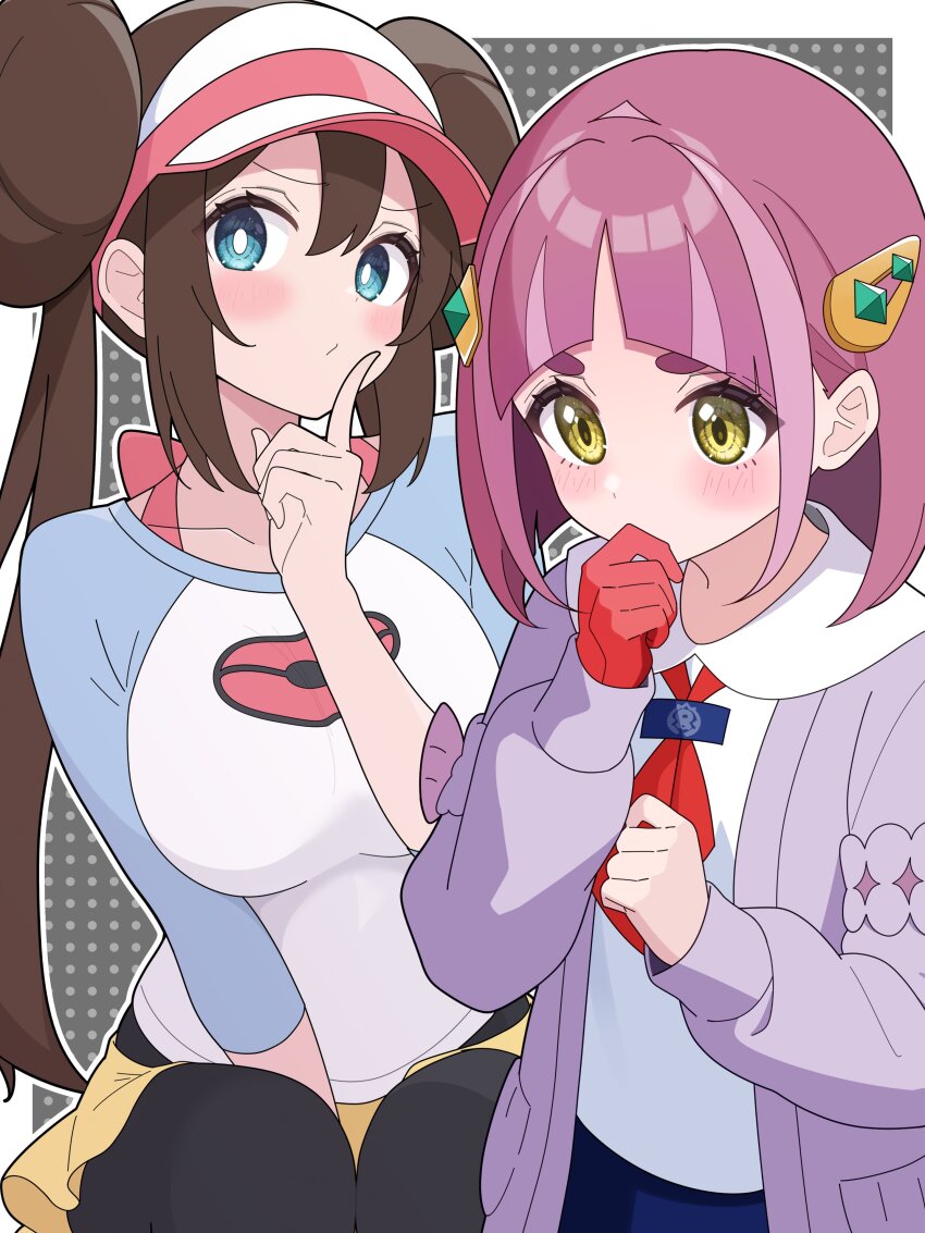 2girls absurdres aqua_background blue_eyes blue_shirt blush breasts brown_hair closed_mouth coat collarbone covered_mouth creatures_(company) donut_hair_bun double_bun game_freak gloves hair_between_eyes hair_bun hair_ornament hand_in_mouth hat highres index_finger_raised lacey_(pokemon) large_breasts long_hair long_sleeves medium_hair multiple_girls necktie nintendo odorukaminoke pink_coat pink_hair pink_hat poke_ball_print pokemon pokemon_bw2 pokemon_sv polka_dot polka_dot_background raglan_sleeves red_gloves red_necktie rosa_(pokemon) shirt single_glove skirt thick_eyebrows twintails two-tone_shirt visor_cap white_background white_hat white_shirt yellow_eyes yellow_skirt