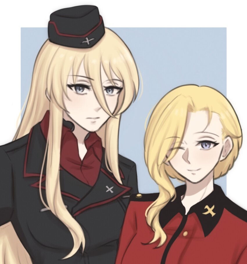 2girls azur_lane biscottidiptea bismarck_(azur_lane) blonde_hair blue_eyes border girls_und_panzer hair_between_eyes highres hood_(azur_lane) kuromorimine_military_uniform looking_at_viewer multiple_girls one_eye_closed outside_border st._gloriana&#039;s_military_uniform upper_body white_border