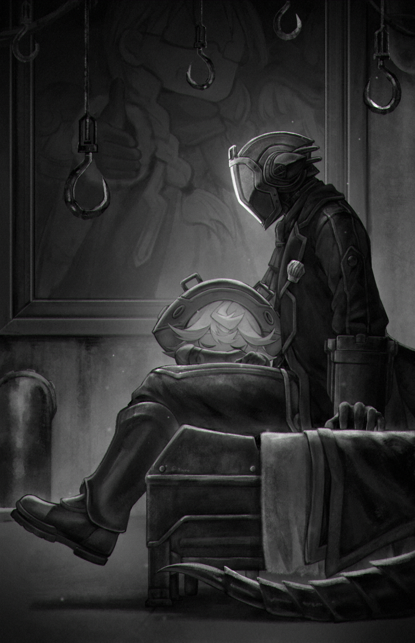 1boy 1girl absurdres bondrewd boots coat gloves greyscale hat helm helmet highres hook long_sleeves made_in_abyss masked monochrome overcoat prushka sitting sleeping tail tkhalloween whistle
