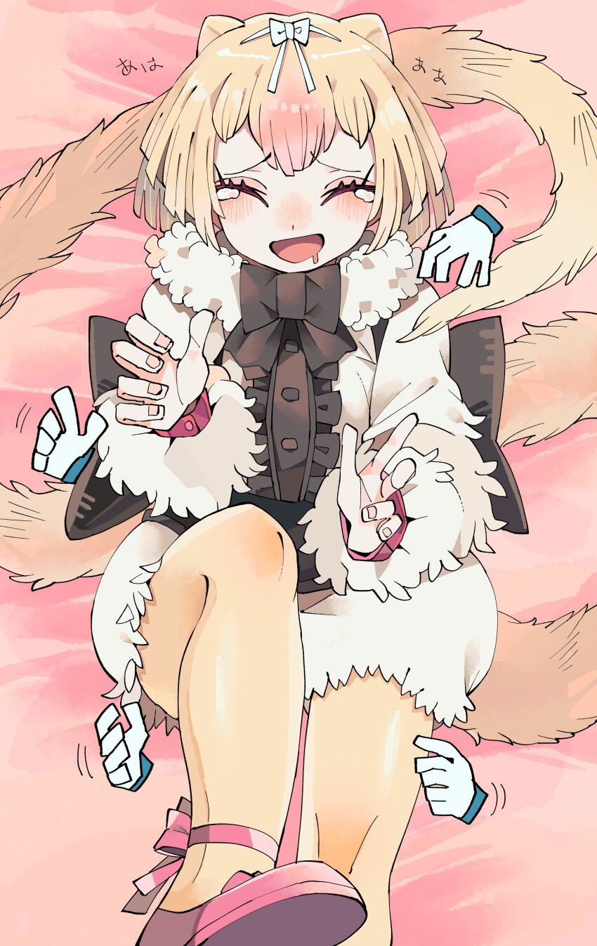1girl absurdres ankle_strap anteater_ears anteater_tail back_bow black_bow black_bowtie blonde_hair blush bow bow_hairband bowtie center_frills closed_eyes commission drooling eyelashes fingernails foot_up frills from_above fur_collar furrowed_brow hairband hands_up highres huge_bow kanmoku-san kemono_friends laughing long_sleeves lying medium_hair mouth_drool multicolored_hair on_back open_mouth pantyhose pink_hair shoes silky_anteater_(kemono_friends) skeb_commission smile solo tearing_up tickling tickling_legs two-tone_hair user_interface white_bow yellow_pantyhose