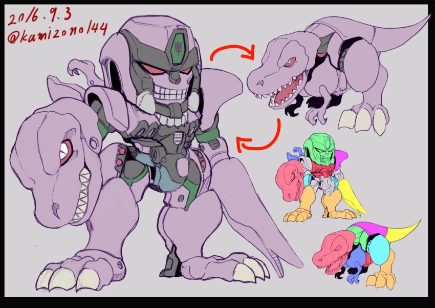 1boy arrow_(symbol) beast_wars beast_wars:_transformers claws clenched_teeth dinosaur fangs grin insignia kamizono_(spookyhouse) machine machinery male_focus mecha megatron megatron_(beast_wars) no_humans open_mouth personification red_eyes retro_artstyle robot science_fiction smile solo teeth transformers transformation twitter_username tyrannosaurus_rex