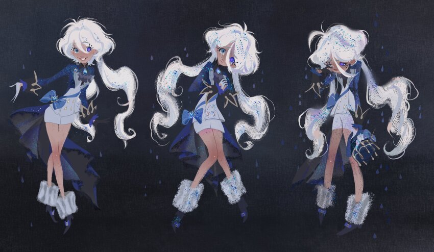 1girl absurdres alternate_skin_color ascot bare_legs black_ascot black_background black_boots black_sleeve_cuffs blue_bow blue_brooch blue_eyes blue_gemstone blue_hat blue_jacket boots bow bright_pupils buttons coattails collared_jacket commentary crying crying_with_eyes_open dark-skinned_female dark_skin english_commentary furina_(genshin_impact) gem genshin_impact grey_shirt grey_shorts hair_between_eyes happy hat hat_bow head_tilt heterochromia highres holding holding_unworn_clothes holding_unworn_hat jacket kneehighs lapel_pin lapels leg_warmers lipstick long_eyelashes long_hair long_sleeves low_twintails makeup mascara mismatched_pupils multiple_views no_headwear open_clothes open_jacket open_mouth own_hands_together peaked_lapels pink_lips purple_eyes purple_pupils sad shirt shorts simple_background smile socks standing stardust_axel tears teeth top_hat twintails unworn_hat unworn_headwear very_long_hair vision_(genshin_impact) waist_bow water_drop wavy_hair white_hair white_leg_warmers wiping_tears