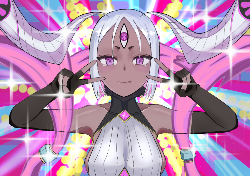 1girl absurdres bare_shoulders black_gloves blush breasts dark-skinned_female dark_skin detached_horns dezari double_v dress emotional_engine_-_full_drive fate/grand_order fate/samurai_remnant fate_(series) fingerless_gloves gloves highres looking_at_viewer medium_breasts minamoto_no_raikou_(fate) parted_bangs purple_eyes ribbed_dress sash short_dress short_hair sideless_dress solo sparkle sunburst sunburst_background tearing_up thighs third_eye ushi_gozen_(avenger)_(fate) ushi_gozen_(avenger)_(third_ascension)_(fate) ushi_gozen_(fate) ushi_gozen_(fate/samurai_remnant) v white_dress white_hair