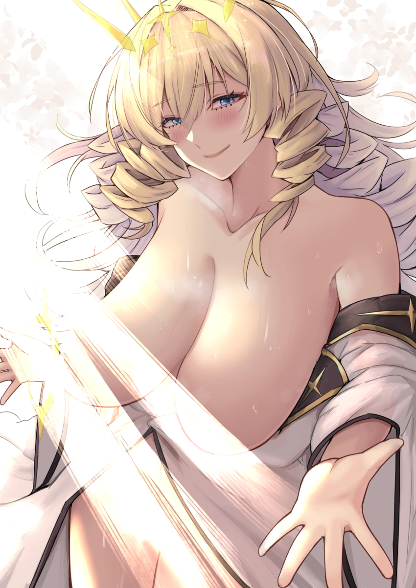 1girl bare_shoulders blonde_hair blue_eyes blush breasts censored cleavage closed_mouth collarbone commentary_request crown_(naked_king)_(nikke) crown_(nikke) goddess_of_victory:_nikke highres large_breasts light_censor light_rays long_hair looking_at_viewer naked_robe no_bra nude offering_hand official_alternate_costume robe simple_background solo sweat veins veiny_breasts white_background white_robe yude