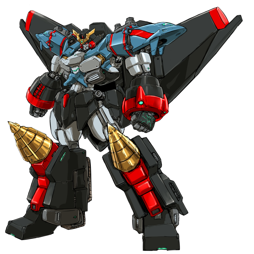 armor blue_armor clenched_hands commentary_request drill faceplate full_body gaofighgar glowing glowing_hand highres ledjoker07 mecha no_humans red_eyes robot solo standing super_robot v-fin wings yuusha_ou_gaogaigar yuusha_ou_gaogaigar_final yuusha_series