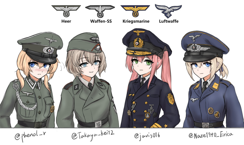 4girls absurdres aqua_eyes artist_collaboration belt black_belt black_bow black_jacket black_necktie blonde_hair blue_eyes blue_jacket bow closed_mouth commentary cross english_commentary erica_(naze1940) green_eyes green_jacket hair_between_eyes hair_bow hat highres huihuang_rongyao iron_cross jacket kriegsmarine long_hair long_sleeves looking_at_another looking_at_viewer looking_to_the_side low_ponytail low_twintails luftwaffe medium_hair military military_dress_uniform military_hat military_jacket military_uniform multiple_girls nazi necktie original personification phenol_r pink_hair ponytail reichsadler shirt short_hair shoulder_strap sidelocks simple_background smile soldier swastika twintails waffen-ss weimar_29 white_background white_shirt