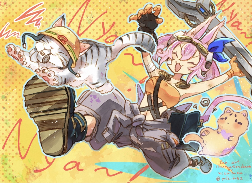 1girl ^_^ animal_ears blush cat closed_eyes duel_monster fingerless_gloves glasses gloves goggles goggles_on_head hair_between_eyes hair_ornament highres holding holding_wrench kitt_(yu-gi-oh!) melffy_catty mizutama_(mizutamalion) nut_(hardware) open_mouth pink_hair pink_tail polka_dot polka_dot_background rescue_cat short_hair signature tri-brigade_kitt whistle wrench yu-gi-oh!