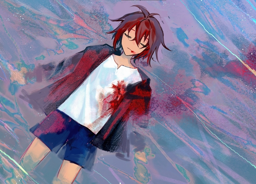 1boy antenna_hair black_jacket blood blood_in_water blood_on_clothes blood_on_face blue_shorts brown_hair chu_dong closed_eyes closed_mouth commentary floating hair_between_eyes isoi_haruki jacket long_sleeves male_focus open_clothes open_jacket saibou_shinkyoku shirt shorts solo symbol-only_commentary water white_shirt