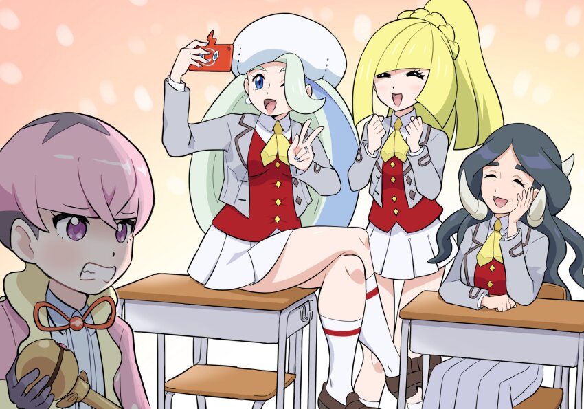1boy 3girls ;d alternate_costume alternate_hairstyle blonde_hair blue_eyes closed_eyes cosplay creatures_(company) desk drasna_(pokemon) game_freak gen_4_pokemon grey_hair grey_jacket hat highres jacket jewelry long_hair long_sleeves lusamine_(pokemon) mature_female melony_(pokemon) multiple_girls neckerchief nintendo on_desk one_eye_closed open_clothes open_jacket open_mouth ortega_(pokemon) pink_hair pokemoa pokemon pokemon_masters_ex pokemon_sm pokemon_sv pokemon_swsh pokemon_xy ponytail purple_eyes red_vest ring rosa_(academy)_(pokemon) rosa_(pokemon) rosa_(pokemon)_(cosplay) rotom rotom_phone school selfie short_hair sitting skirt smile socks v vest white_hat white_socks yellow_neckerchief