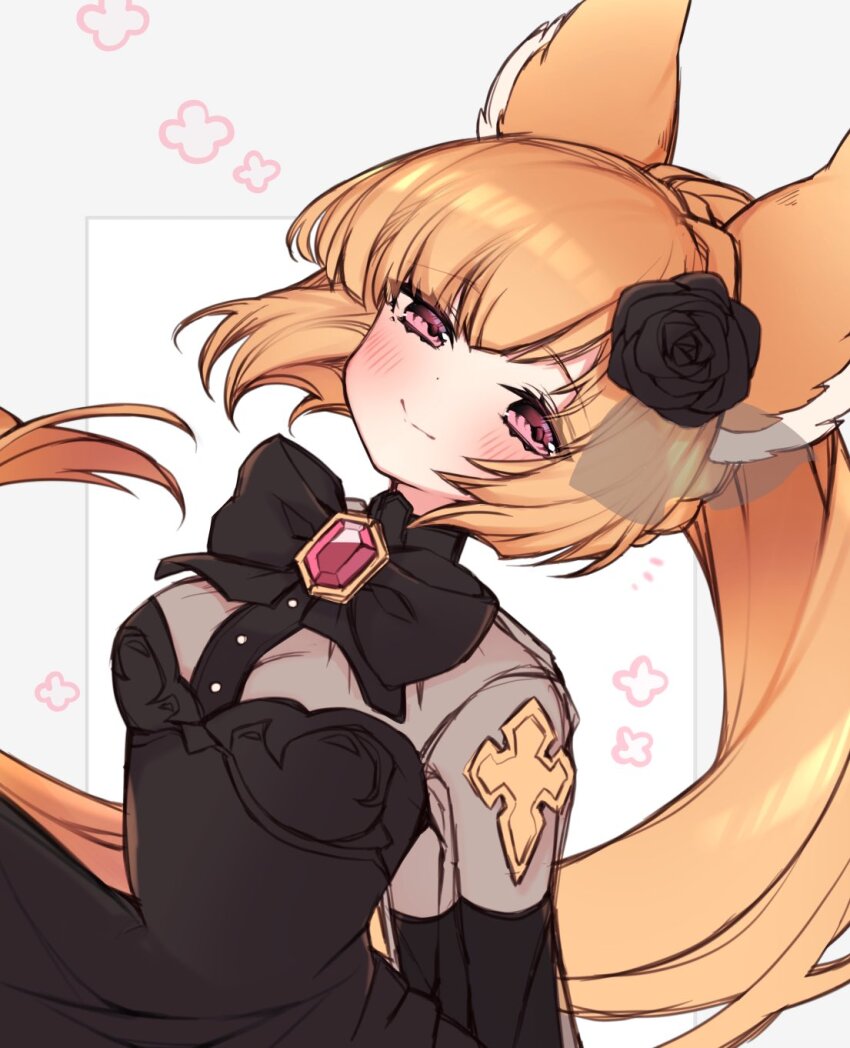 animal_ears black_bow black_bowtie black_dress black_flower black_rose blonde_hair blunt_ends blush bow bowtie dress erune flower flower_symbol granblue_fantasy hair_flower hair_ornament highres k0bo43 long_hair pink_eyes ponytail rose yuisis_(granblue_fantasy)